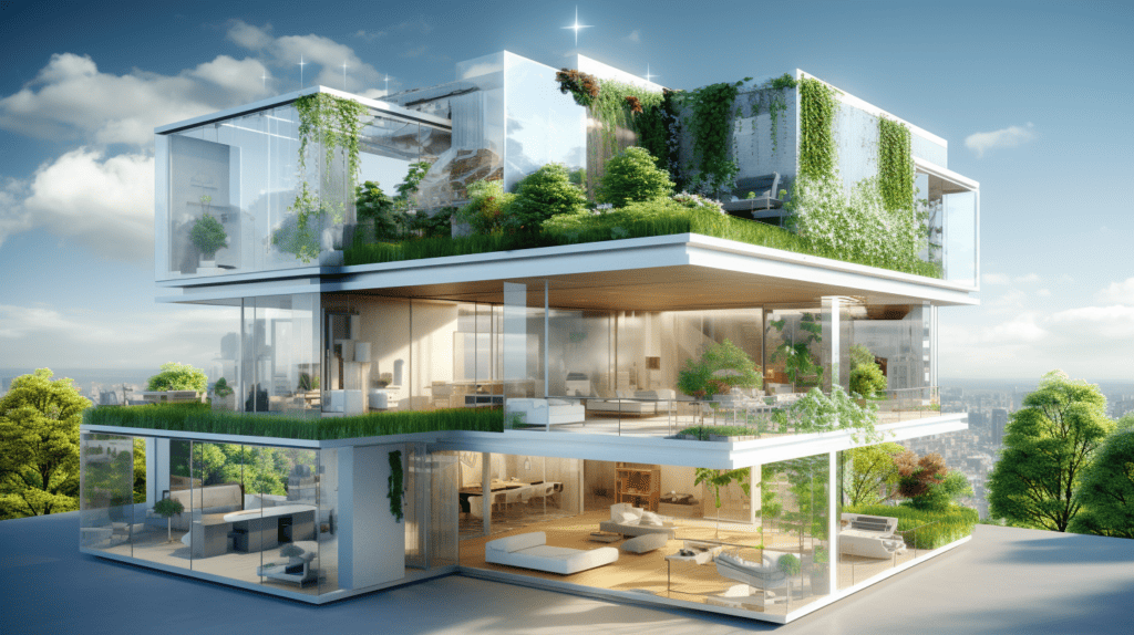 Green construction materials in a futuristic house.