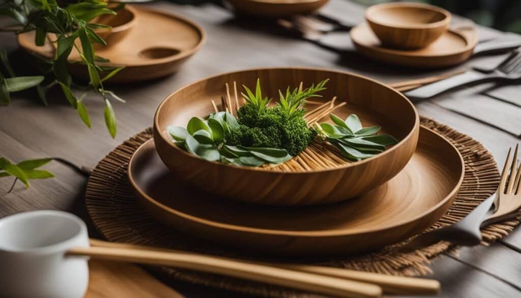 eco-friendly table setting with bamboo and wooden utensils
