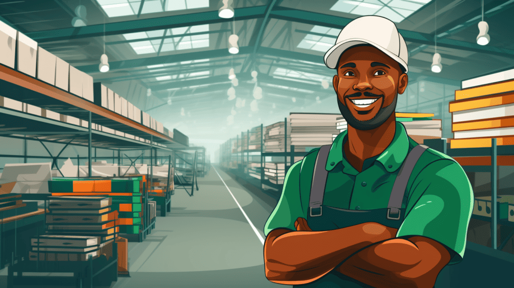 Ethical labor practices.  Smiling man working in a well lit factory.
