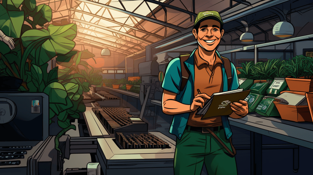 Man working in well lit green warehouse with plants.