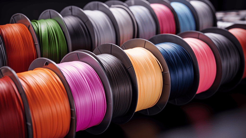 Biodegradable 3d printer filament rolls in many colors.