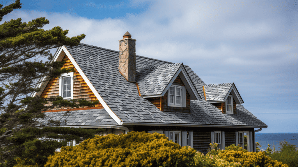 Roof with grey shingles on a house.