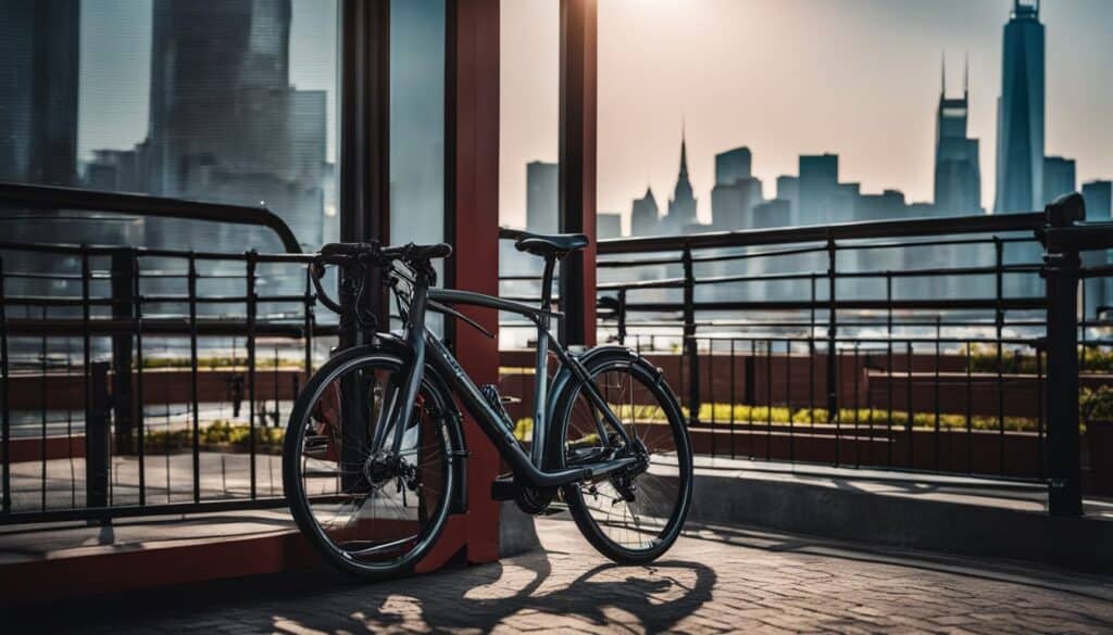 A bicycle parked at a busy urban bike rack in a scenic cityscape.