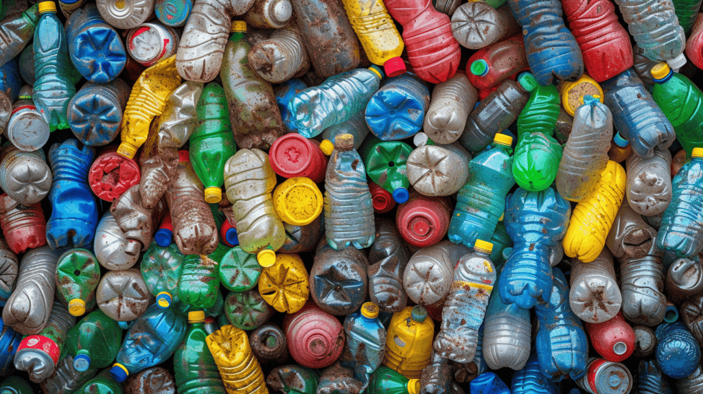 Plastic waste, pile of water bottles.