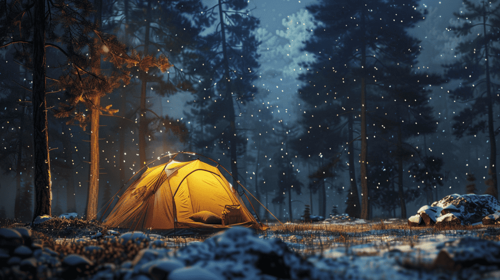 Tent with light on in the woods at night.