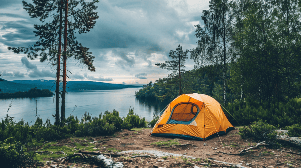Camping gear tent near a lake.